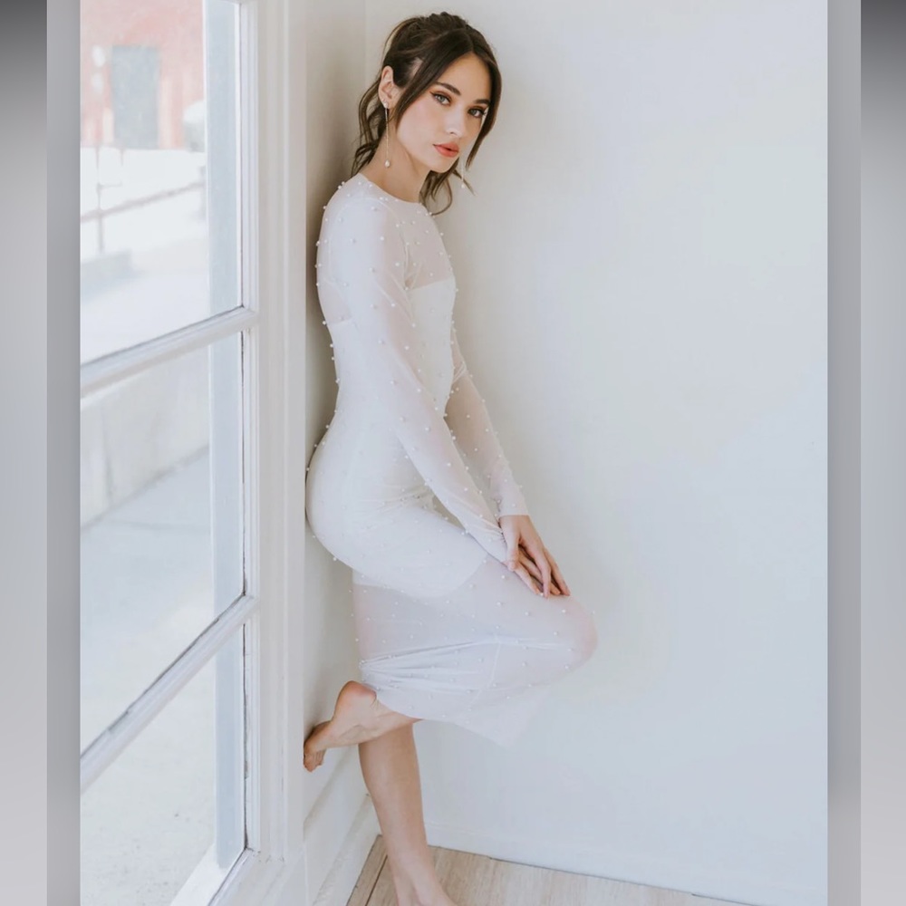 Untamed Petals Pearl Mesh Long sleeve Bridal Shower Bachelorette Midi Dress